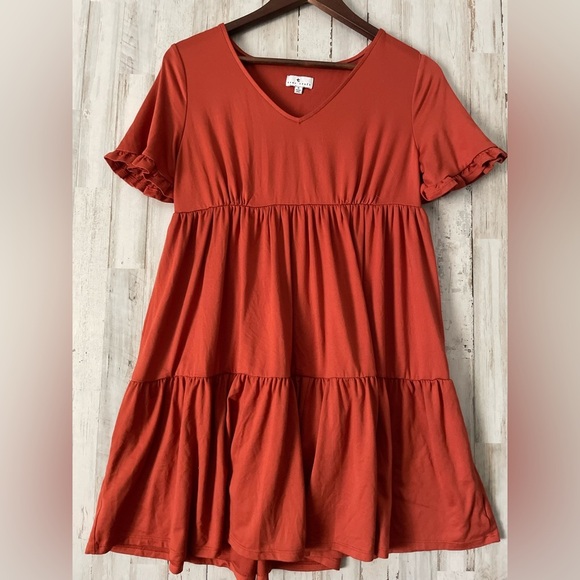 True Craft Ruffle Tiered Babydoll Swing Dress Size Small Rust Orange - Picture 1 of 7